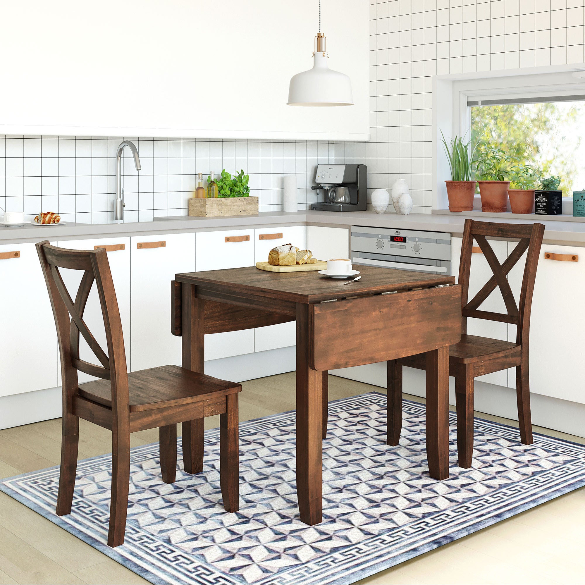 TOPMAX 3-Piece Wood Drop Leaf Breakfast Nook Dining Table Set with 2 X-back Chairs for Small Places, Walnut(old sku:SP0000164AAD) - Grand Goldman Shop