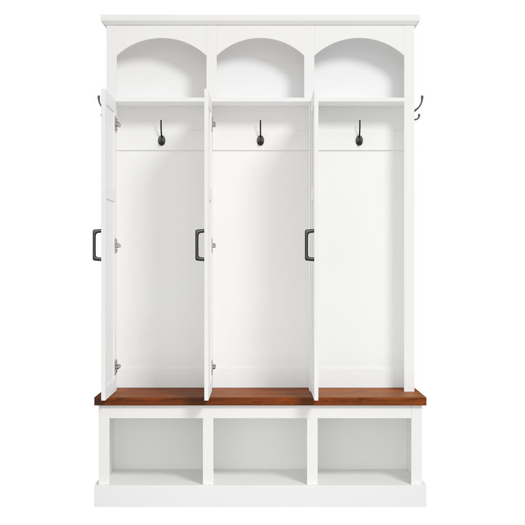 Classic Arched Design Hall Tree with 3 Hidden Storage, Farmhouse Mudroom with Walnut Bench, Mid-Century All-in-One Entryway Organizer with 5 Hooks for Hallway, White - Grand Goldman Shop