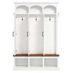 Classic Arched Design Hall Tree with 3 Hidden Storage, Farmhouse Mudroom with Walnut Bench, Mid-Century All-in-One Entryway Organizer with 5 Hooks for Hallway, White - Grand Goldman Shop