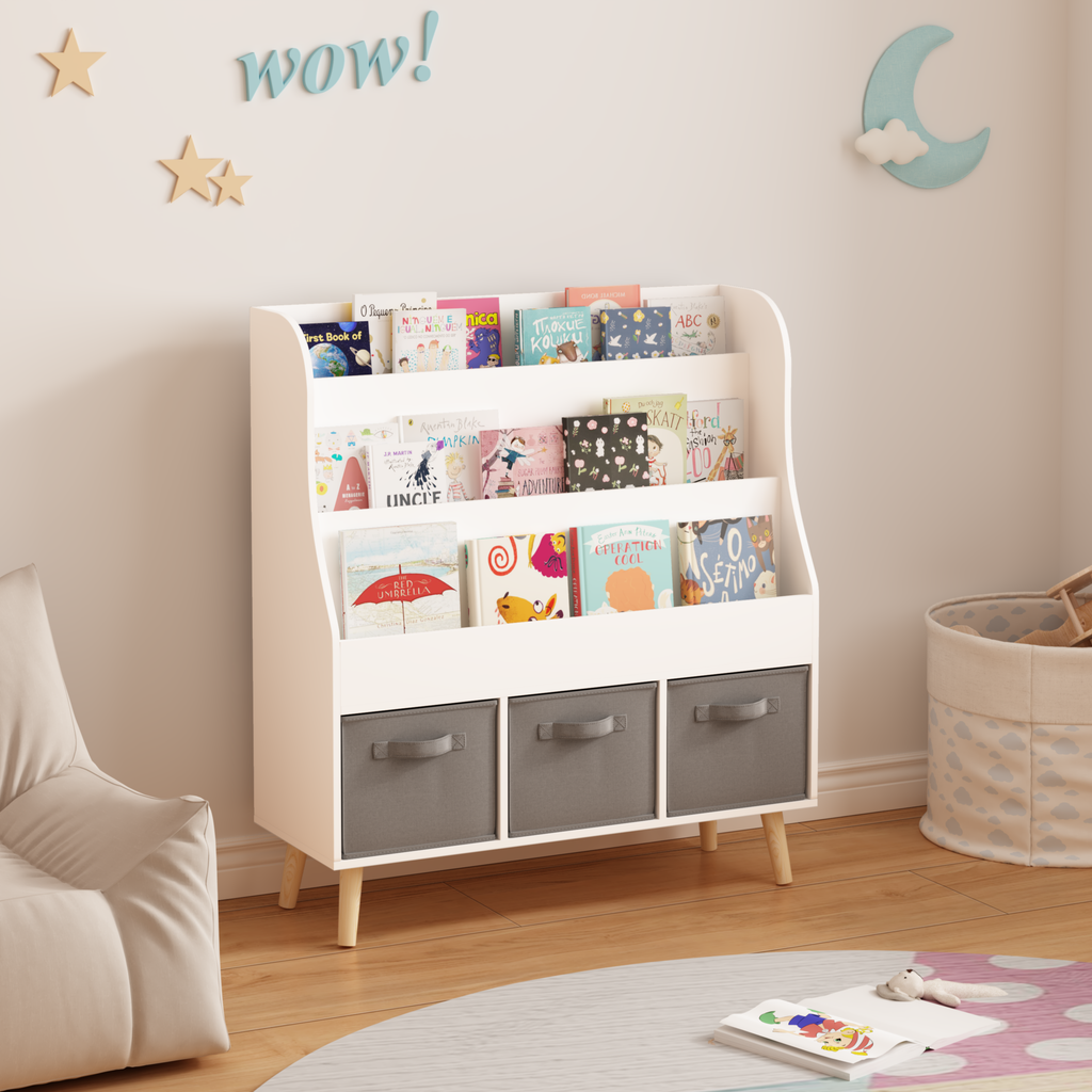 Kids Bookshelf with 3 Fabric Storage Bins, White Wooden Book Display Organizer for Toddlers and Children, Front-Facing Book R
