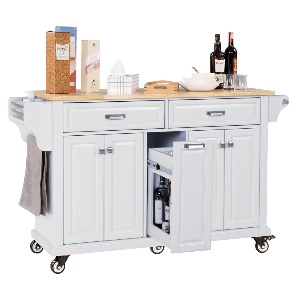 Kitchen Island with Rubber wood Countertop, Kitchen Cart on 5 Wheels with Storage Cabinet and 2 Top Drawers and A center double layered storage drawer for Dinning Room, White - Grand Goldman Shop