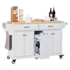 Kitchen Island with Rubber wood Countertop, Kitchen Cart on 5 Wheels with Storage Cabinet and 2 Top Drawers and A center double layered storage drawer for Dinning Room, White - Grand Goldman Shop