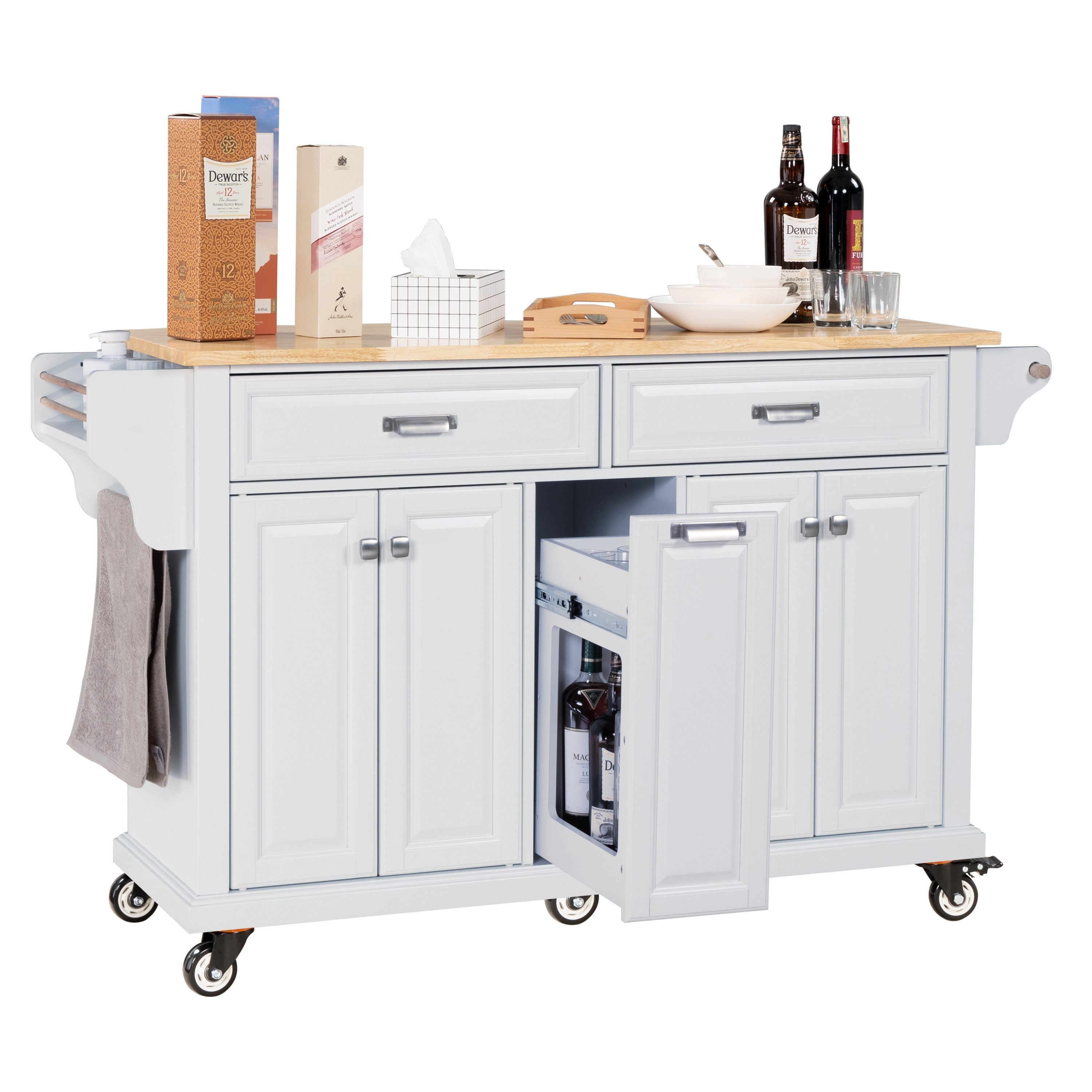 Kitchen Island with Rubber wood Countertop, Kitchen Cart on 5 Wheels with Storage Cabinet and 2 Top Drawers and A center double layered storage drawer for Dinning Room, White - Grand Goldman Shop