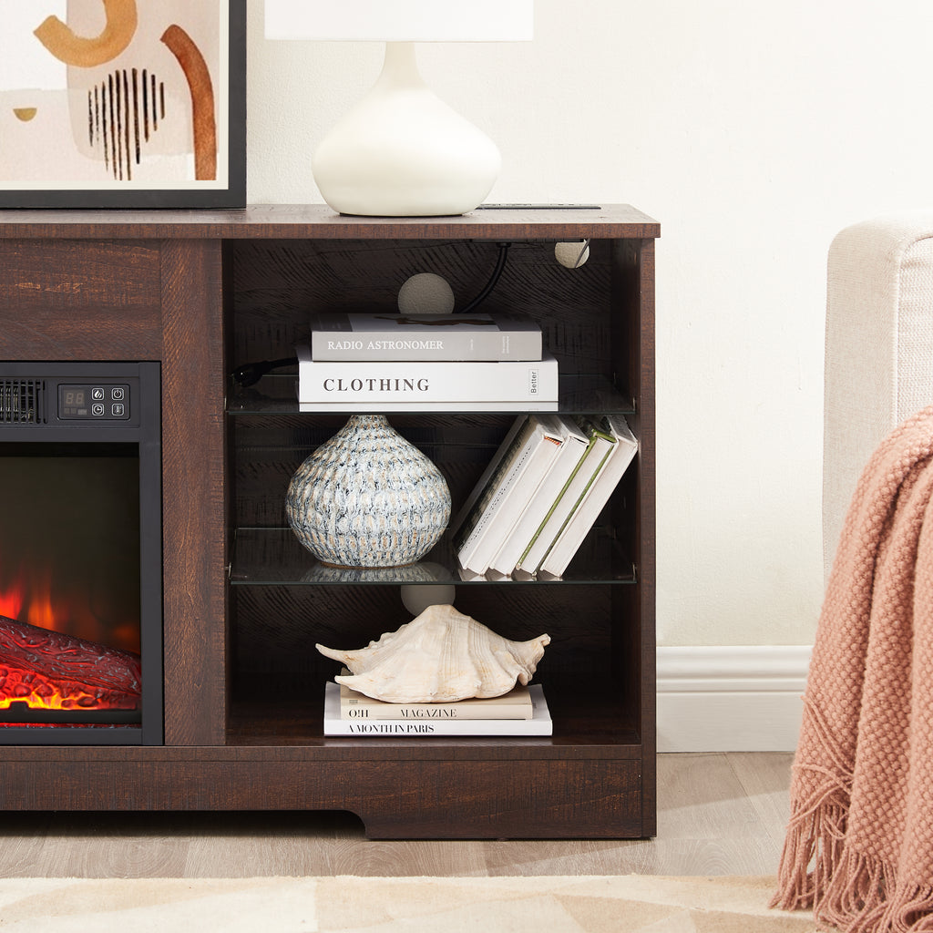 TV Stand Electric Fireplace TV Stand with Glass Shelves, 3D Fireplace TV Stand with LED Lights Wood with USB Charging Outlet Modern Television Table Center for TV up to 32-62' ESP 58''W*15.4''D*24.6 - Grand Goldman Shop