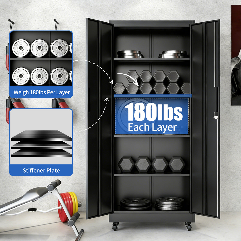 Heavy Duty Rolling Metal Cabinet with Lock, 71 inch Garage Storage Cabinet, 4 Adjustable Shelves (180lb Each), Black, for Too