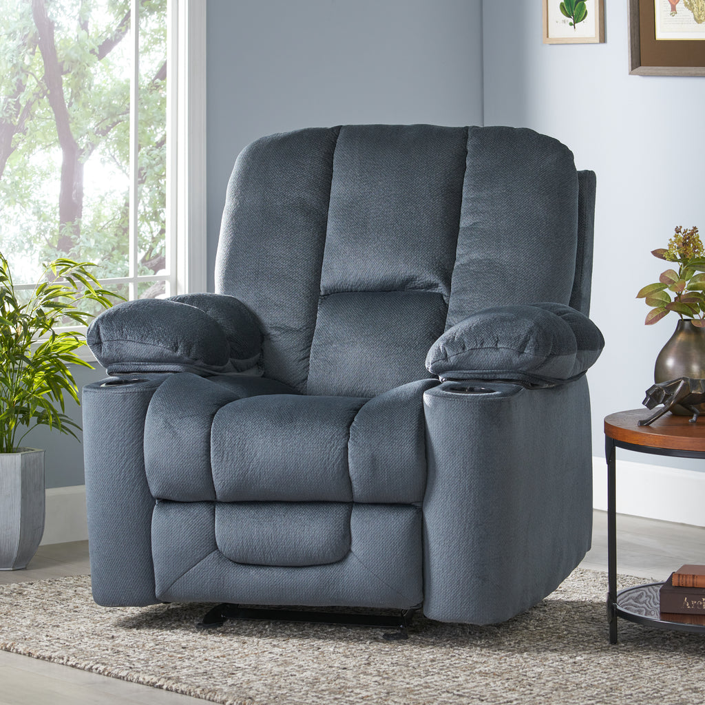 Fervor Luxurious Manual Recliner Chair with Skin-Friendly Fabric and Dual Cup Holders, Silver - Grand Goldman Shop
