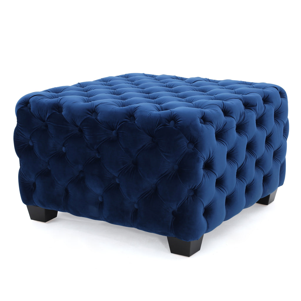 Modern Glam Ottoman with Velvet Upholstery and Button-Tufted Design in Navy Blue, 29 x 29 x 18.25 inches - Grand Goldman Shop