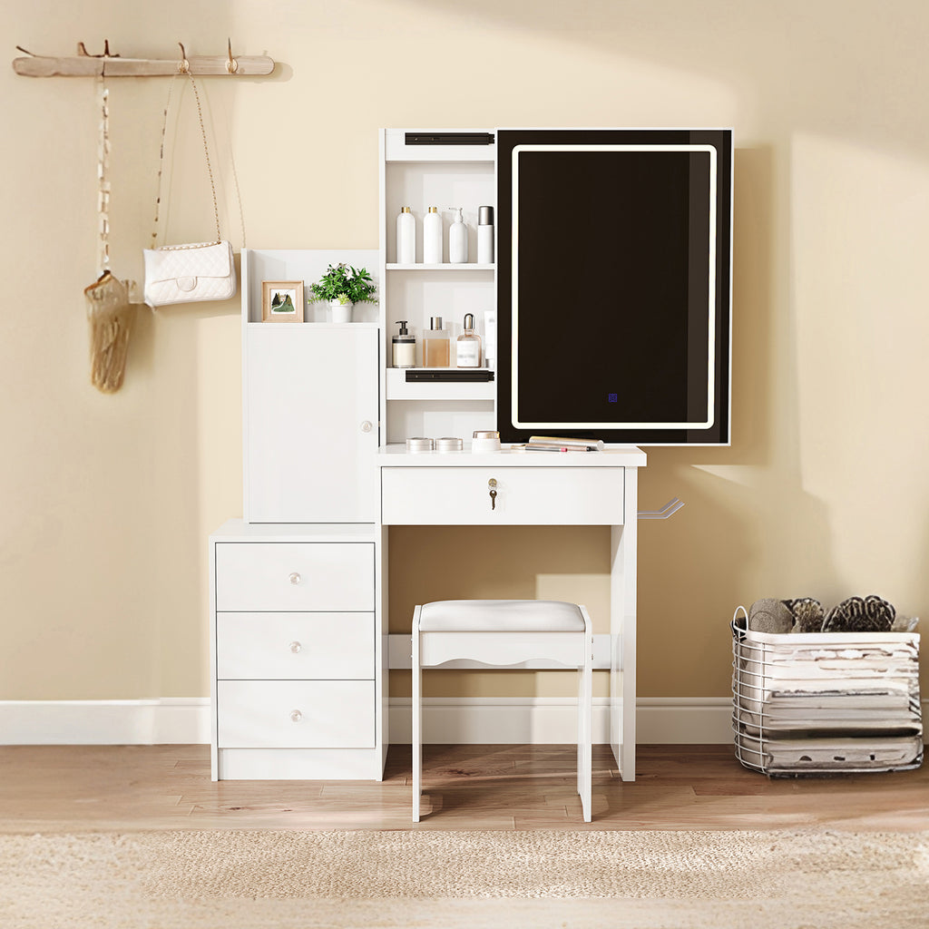 Vanity Desk Set with Sliding Lighted Mirror, Makeup Dressing Table with 4 Drawers & 9 Storage Spaces, Hidden Compartments and Cushioned Stool, White Beauty Furniture for Bedroom - Grand Goldman Shop