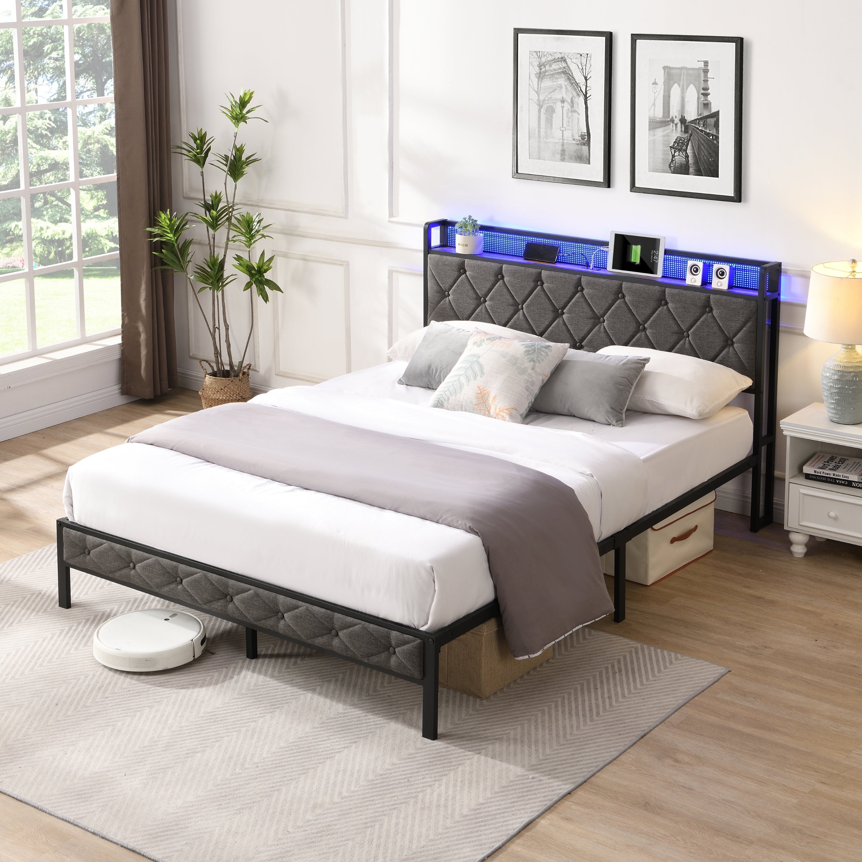 Full Bed Frame with  Storage Headboard, Charging Station and LED Lights, Upholstered Platform Bed with Heavy Metal Slats, No Box Spring Needed, Noise Free, Easy Assembly, Dark Gray - Grand Goldman Shop