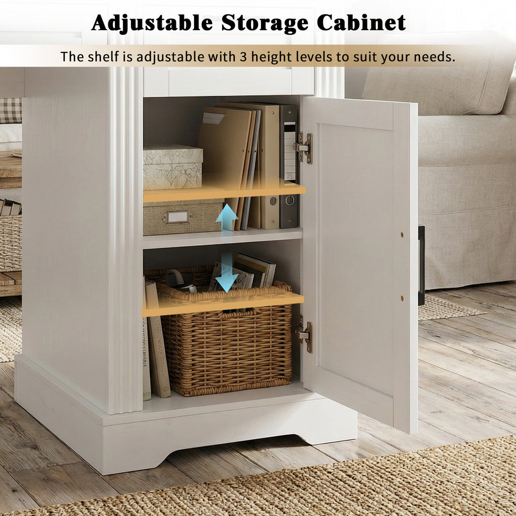White Farmhouse Office Desk with Storage Cabinet, Charging Station, Monitor Stand & Pegboard, 55' Computer Writing Desk with 