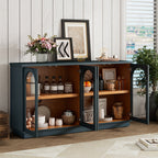 TREXM 4-Door Large Storage Buffet Cabinet with Glass Doors, Arched Cabinet with Adjustable Shelves for Kitchen, Dining Room and Living Room (Navy) - Grand Goldman Shop