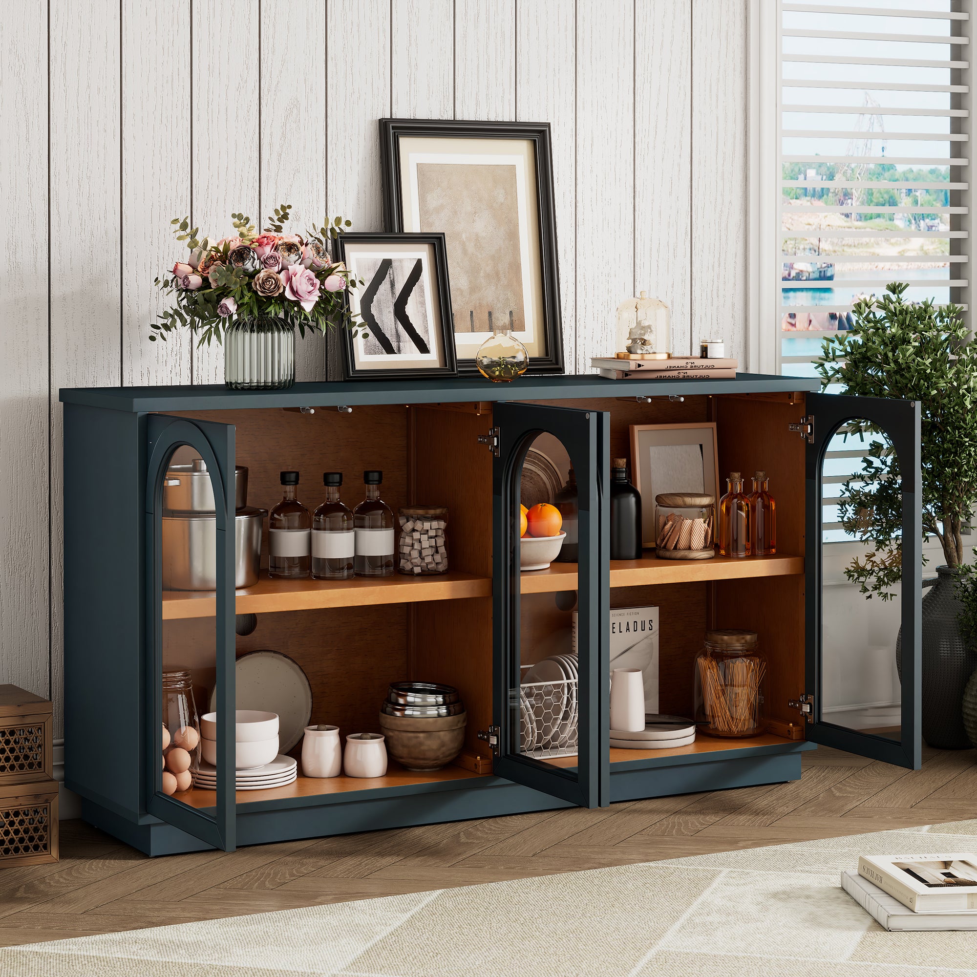 TREXM 4-Door Large Storage Buffet Cabinet with Glass Doors, Arched Cabinet with Adjustable Shelves for Kitchen, Dining Room and Living Room (Navy) - Grand Goldman Shop