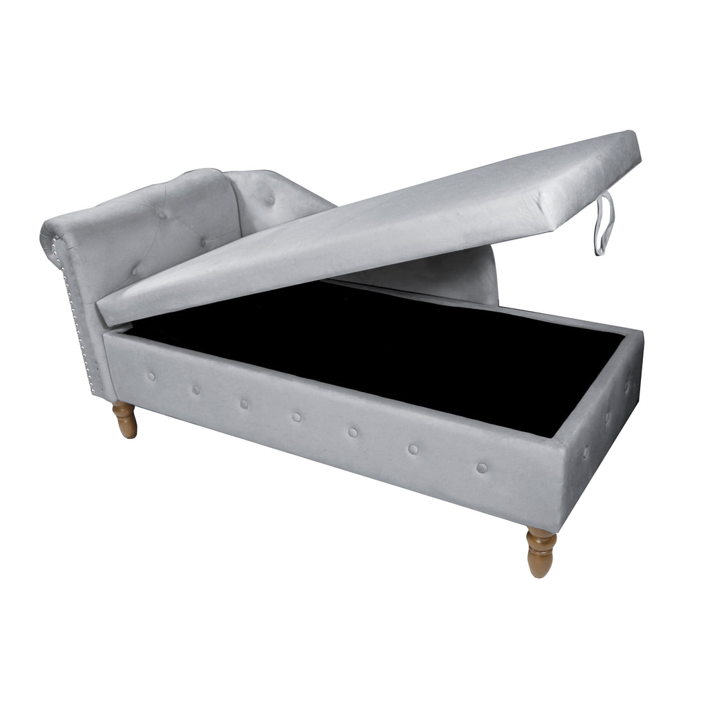Grey Chaise Lounge Indoor, Velvet Lounge Chair for Bedroom with Storage & Pillow, Modern Upholstered Rolled Arm Chase Lounge for Sleeping with Nailhead Trim for Living Room Bedroom Office - Grand Goldman Shop