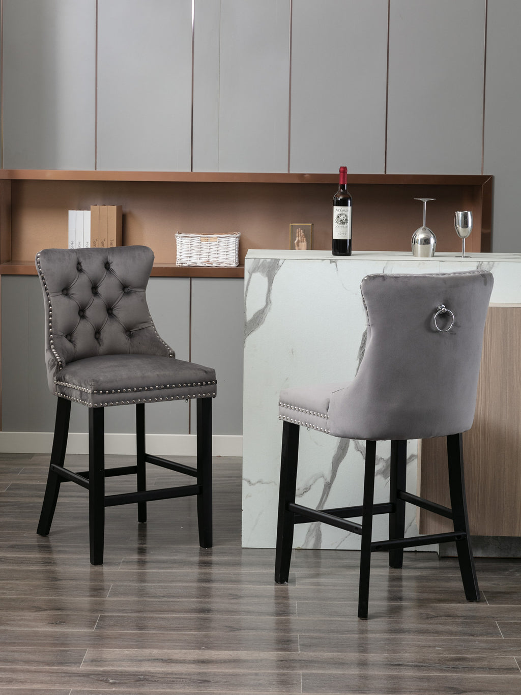 Contemporary Velvet Upholstered Barstools with Button Tufted Decoration and Wooden Legs, and Chrome Nailhead Trim, Leisure Style Bar Chairs,Bar stools, Set of 2 (Gray),SW1902GY - Grand Goldman Shop