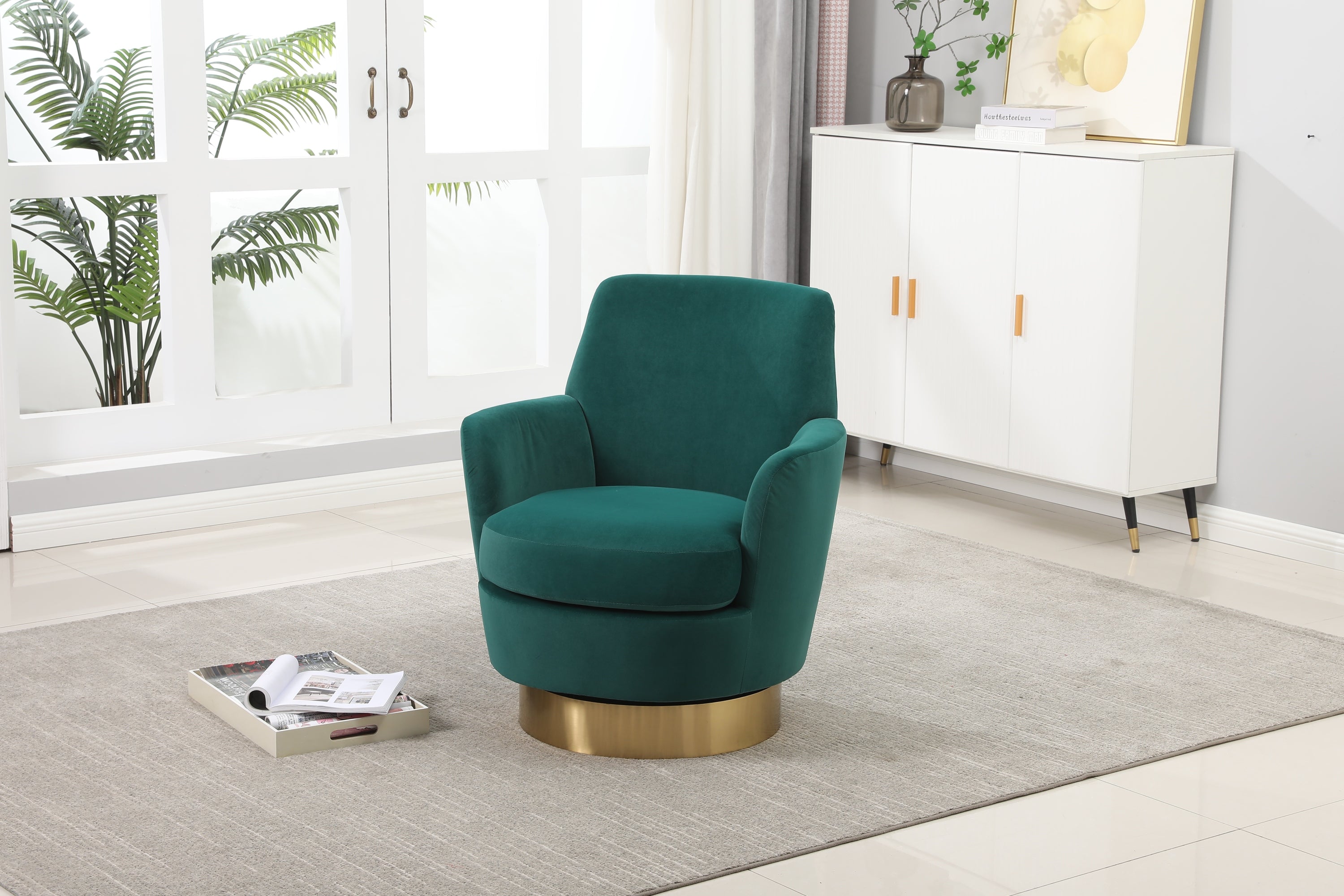 Velvet Swivel Barrel Chair, Swivel Accent Chairs Armchair for Living Room, Reading Chairs for Bedroom Comfy, Round Barrel Chairs with Gold Stainless Steel Base (Emerald) - Grand Goldman Shop
