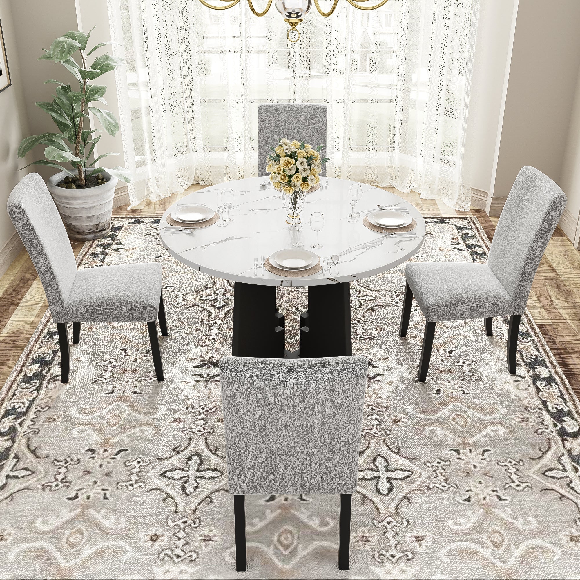 5-Piece Round Dining Table set, 43-Inch Modern Dining Table and 4 Upholstered Chairs for Dining Room, Kitchen Room, Living Room, Easy Assembly - Grand Goldman Shop