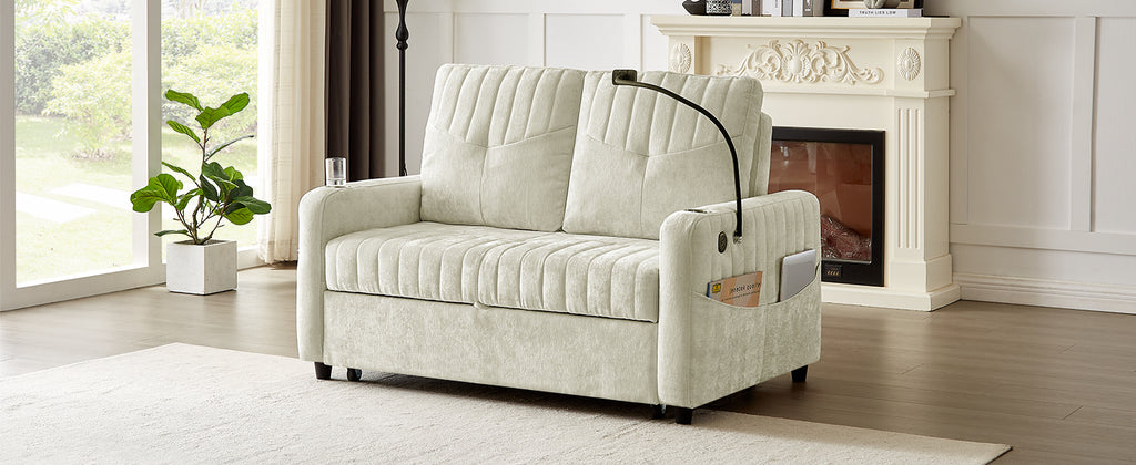 Modern 53.9' Loveseat Pull-out Sofa Bed with Adjustable Backrest, Cup Holders, Charging Ports & Side Storage in Beige Chenille - Grand Goldman Shop