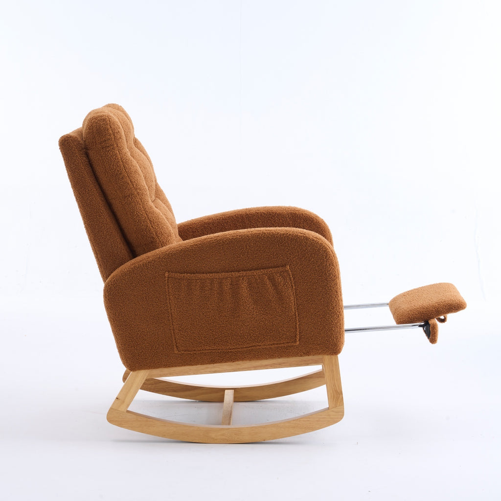 LY-5104 Caramel Accent Rocking  Chair with  Footrest High Back Rubber Wood Rocking Legs Bedroom Living Space   26.77D X 38.36W X 39.76H Inch - Grand Goldman Shop