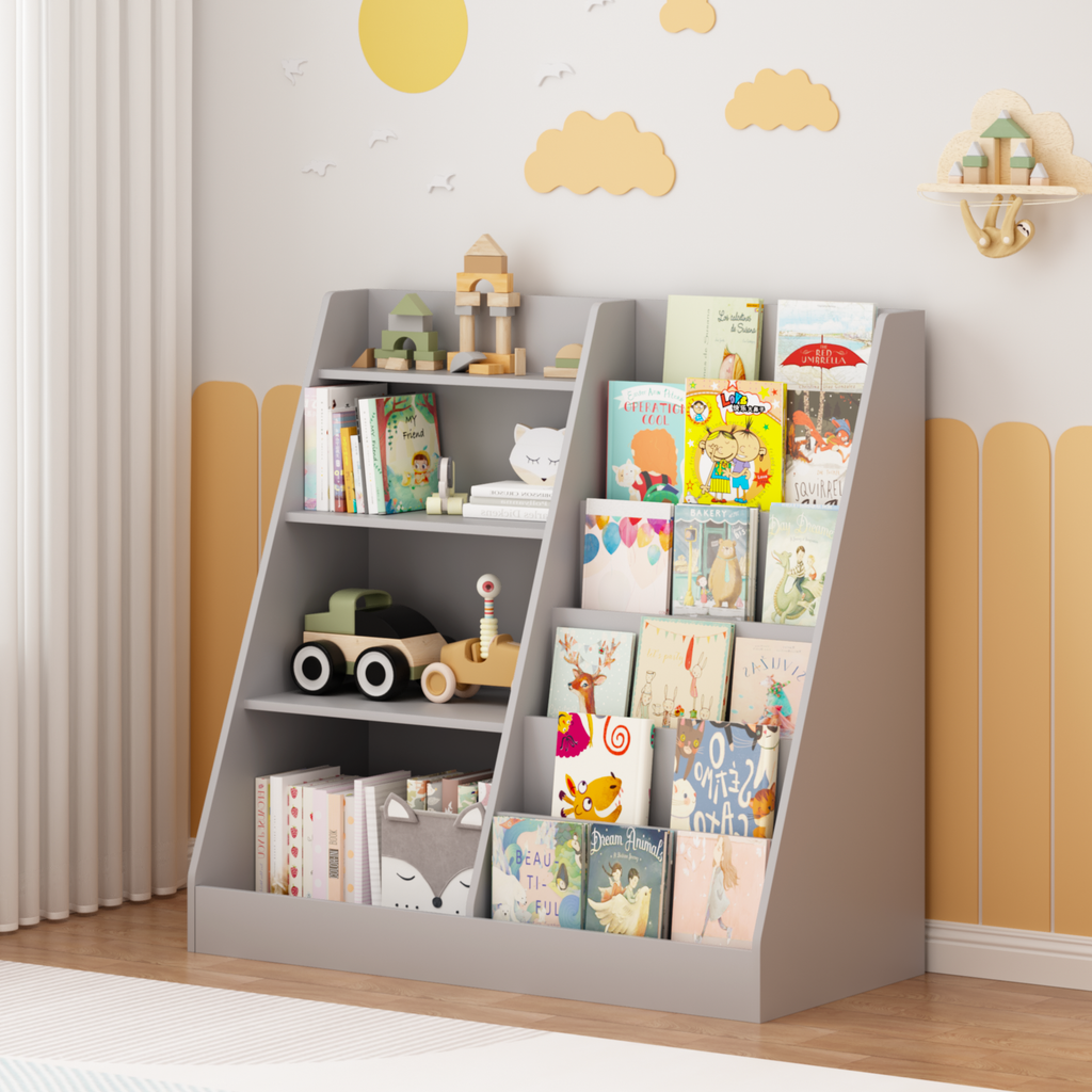 Kids Bookshelf and Toy Storage Organizer, Multifunctional 4 Tier Wooden Kids Book Shelf with  Bookcase Display Stand in Kids 