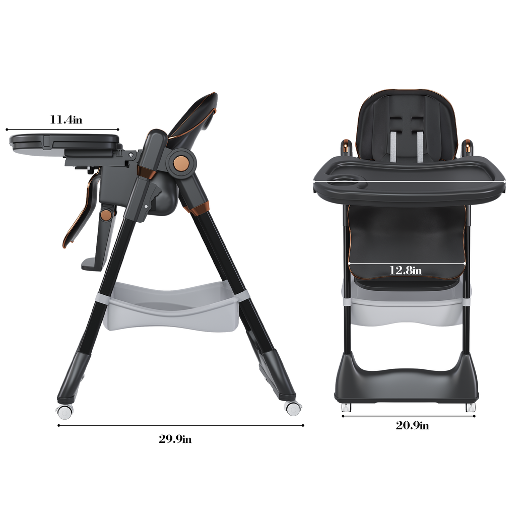 Adjustable Baby High Chair 0-6 Years – Portable Infant Feeding Seat with Safety Belt, Silent Lockable Wheels, Black - Grand Goldman Shop