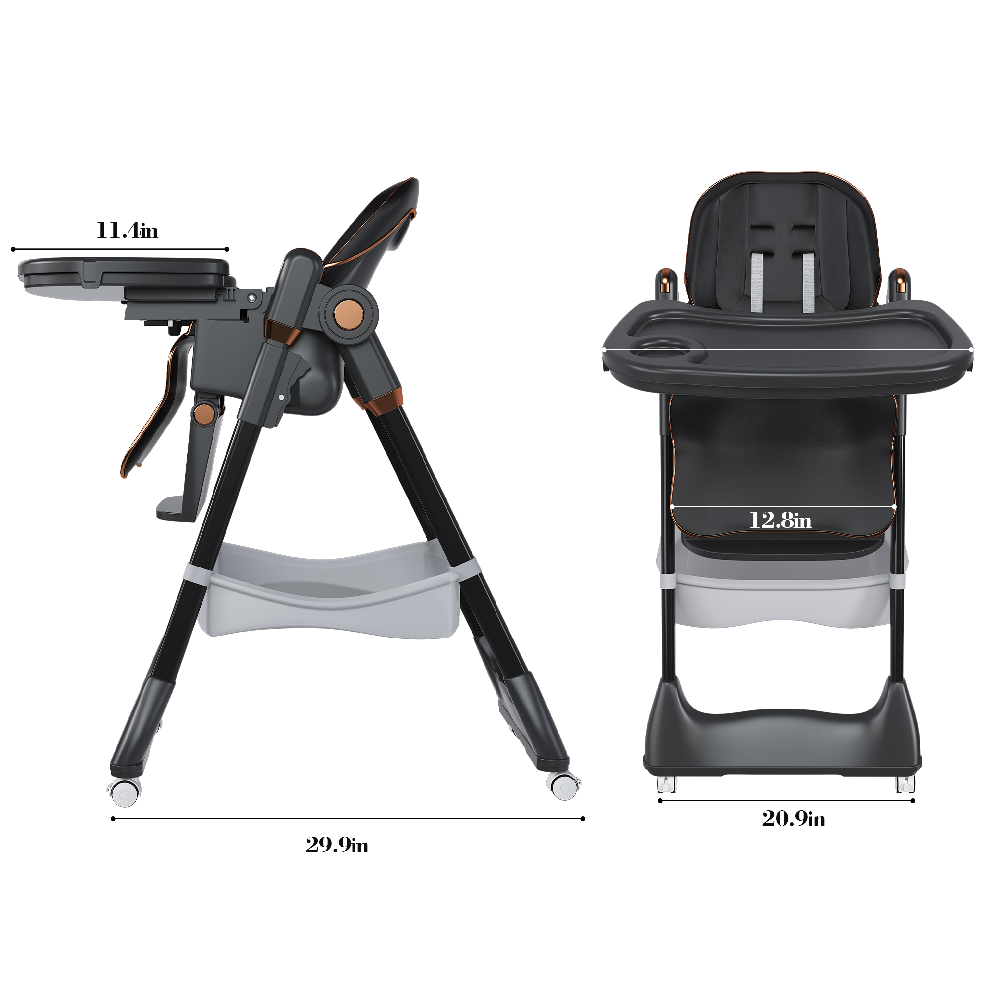 Adjustable Baby High Chair 0-6 Years – Portable Infant Feeding Seat with Safety Belt, Silent Lockable Wheels, Black - Grand Goldman Shop