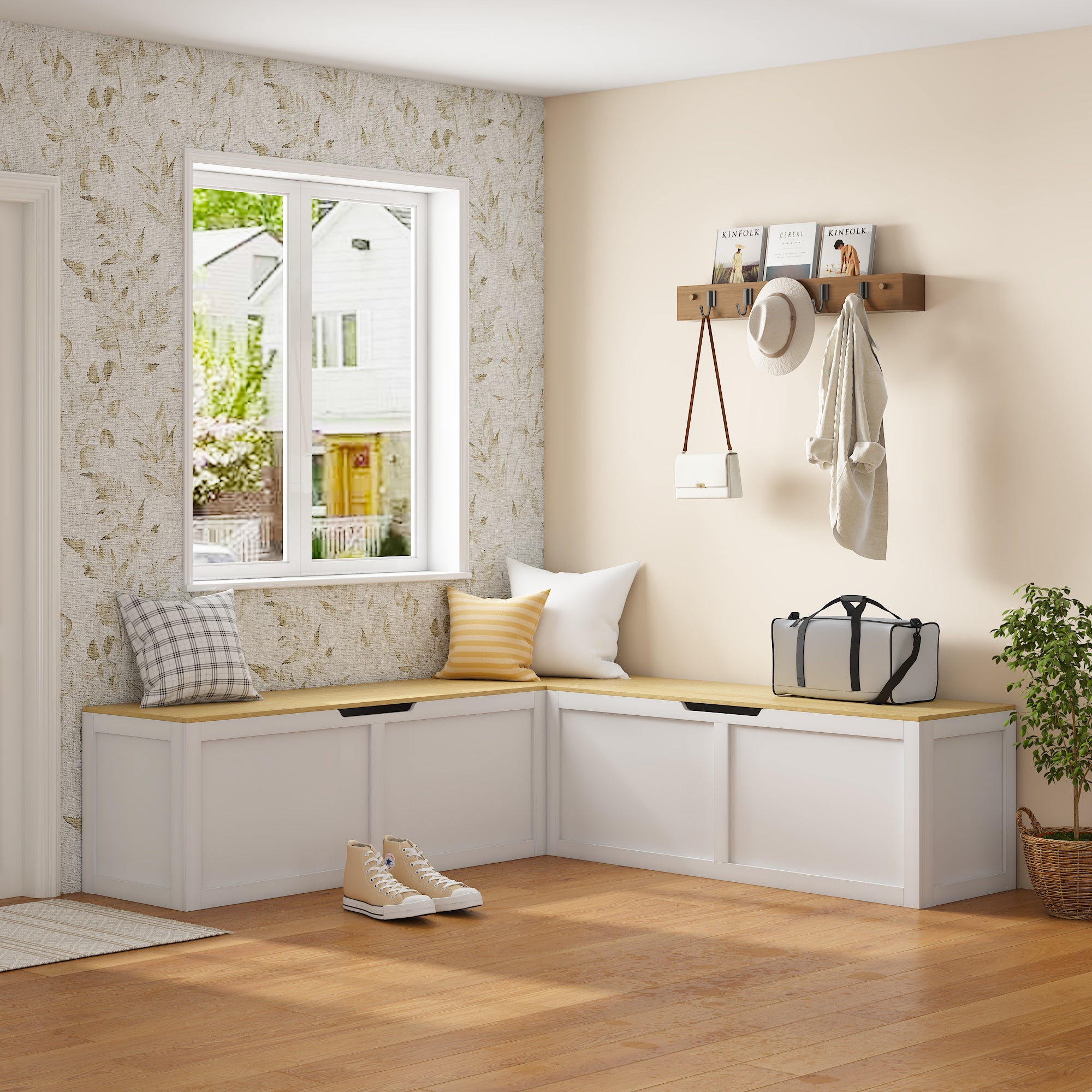 Right-angle Light-colored Storage Bench with Extra-large Storage Compartment, Easy to Assemble - Grand Goldman Shop