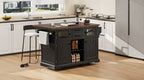 K&K 54.9' Kitchen Island with Drop Leaf, Power Outlet, Kitchen Storage Cart with 4 Door Shelves, Cross Barn Doors & Visual Glass Door, Rolling Kitchen Island on 4 Wheels for Kitchen, Dining Room,Black - Grand Goldman Shop