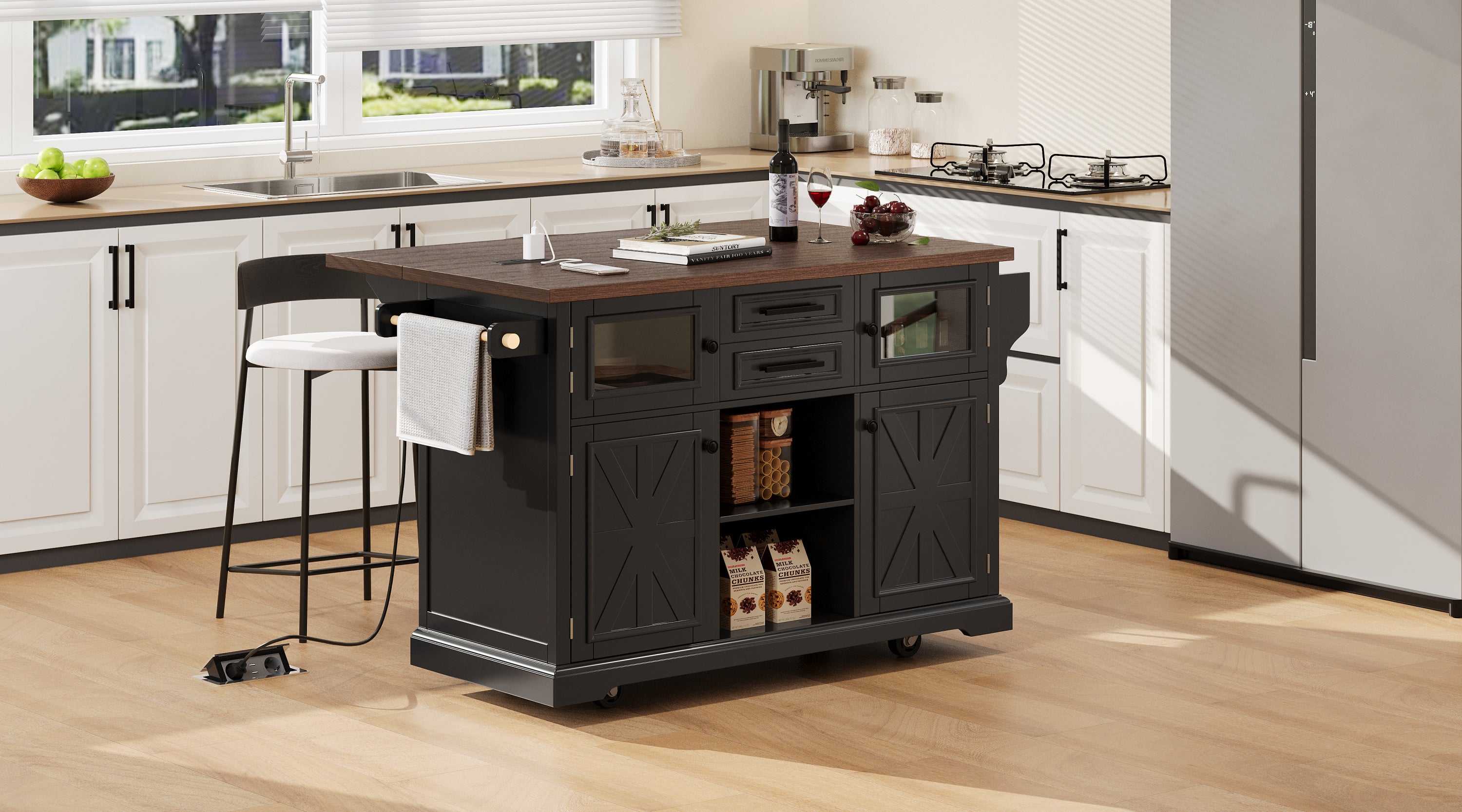 K&K 54.9' Kitchen Island with Drop Leaf, Power Outlet, Kitchen Storage Cart with 4 Door Shelves, Cross Barn Doors & Visual Glass Door, Rolling Kitchen Island on 4 Wheels for Kitchen, Dining Room,Black - Grand Goldman Shop
