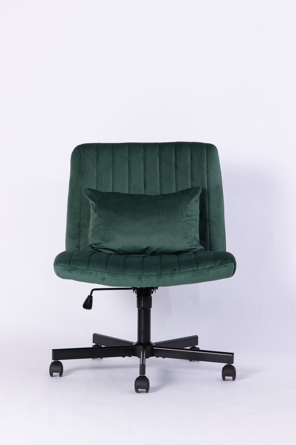 Green Velvet Criss Cross Armless Office Chair with Wheels - Comfortable & Stylish for Home Office, Meditation, and Makeup Use