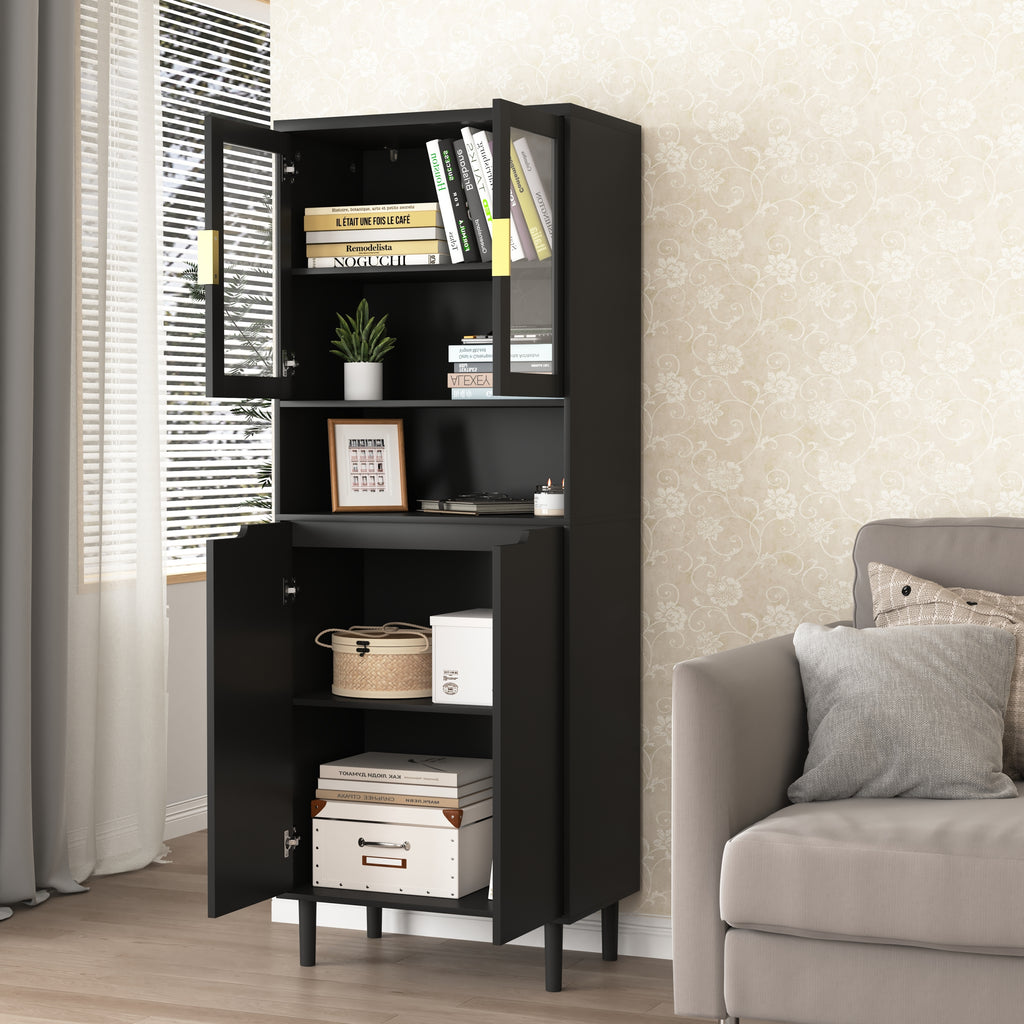 Tempered Glass Door Tall Storage Bookcase with adjustable board, 4 doors MDF painting finished cabinet, Black, Living room Bedroom storage - Grand Goldman Shop