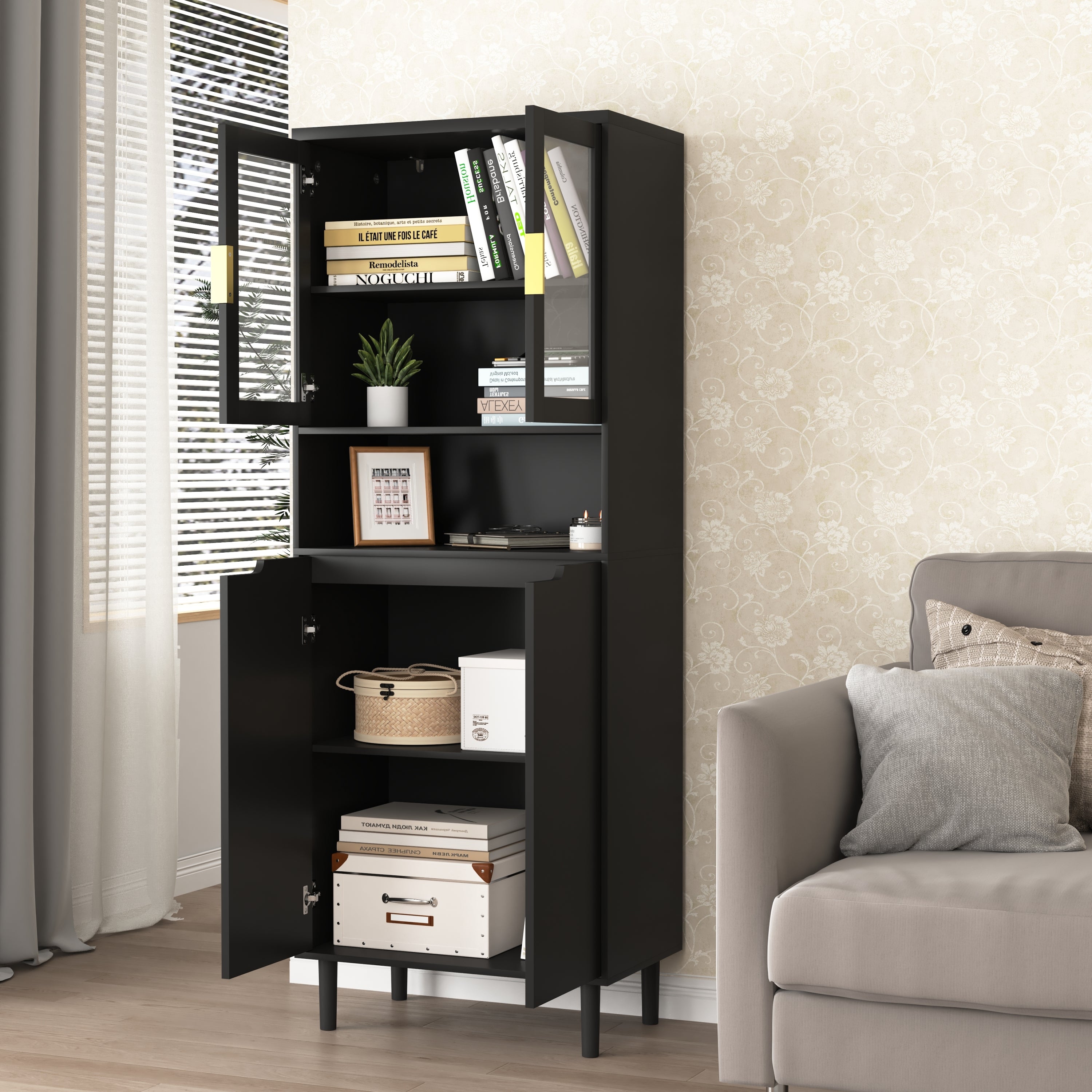 Tempered Glass Door Tall Storage Bookcase with adjustable board, 4 doors MDF painting finished cabinet, Black, Living room Bedroom storage - Grand Goldman Shop
