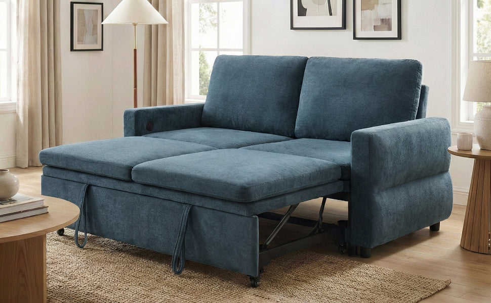 Convertible Sofa Bed 62.75' Loveseat with Adjustable Backrest and USB Ports in Blue Chenille Fabric - Grand Goldman Shop
