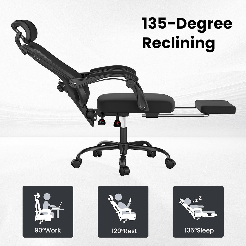 Ergonomic Office Chair with Footrest, Mesh Office Desk Chair with Headrest, High Back Computer Chair with Adjustable Lumbar S
