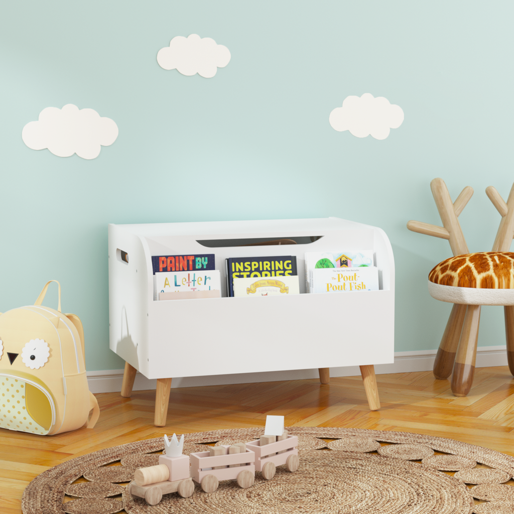 Wooden Toy Box with Front Bookshelf, Flip-Top Lid, Safety Hinge for Kids Room Organization in White, Solid Wood & MDF Constru