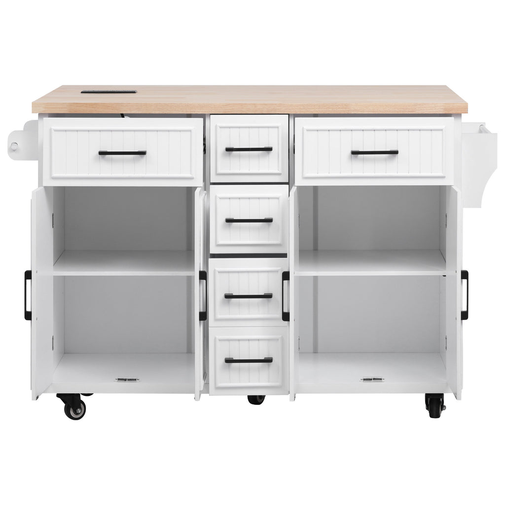 K&K 56.5'' Kitchen Island with Drop Leaf, Power Outlet, Embossed Vertical Stripe Rolling Kitchen Cart on Wheels with 4 Doors , 5 Deep Drawers and Adjustable Shelves, for Kitchen, Dining Room, White - Grand Goldman Shop