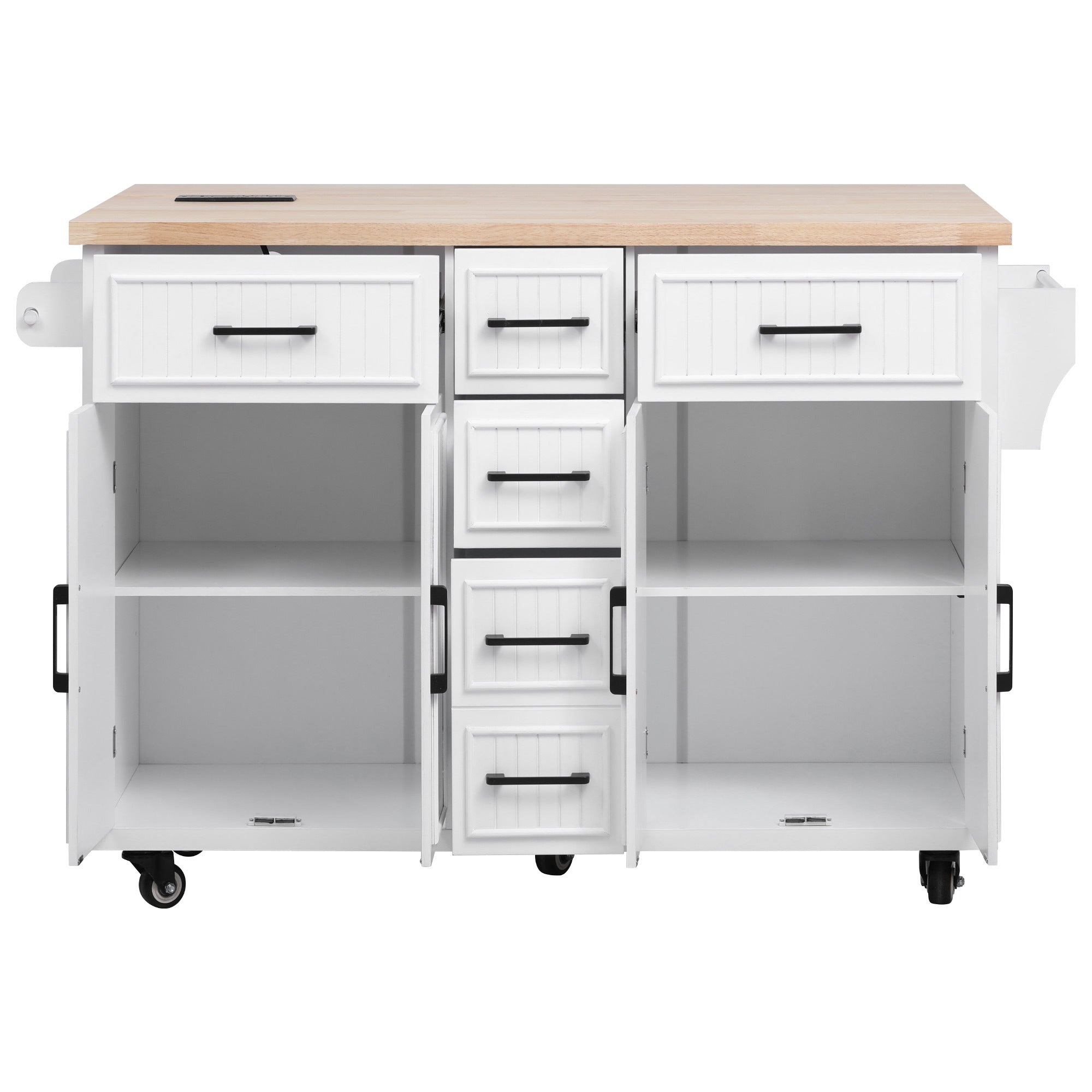 K&K 56.5'' Kitchen Island with Drop Leaf, Power Outlet, Embossed Vertical Stripe Rolling Kitchen Cart on Wheels with 4 Doors , 5 Deep Drawers and Adjustable Shelves, for Kitchen, Dining Room, White - Grand Goldman Shop