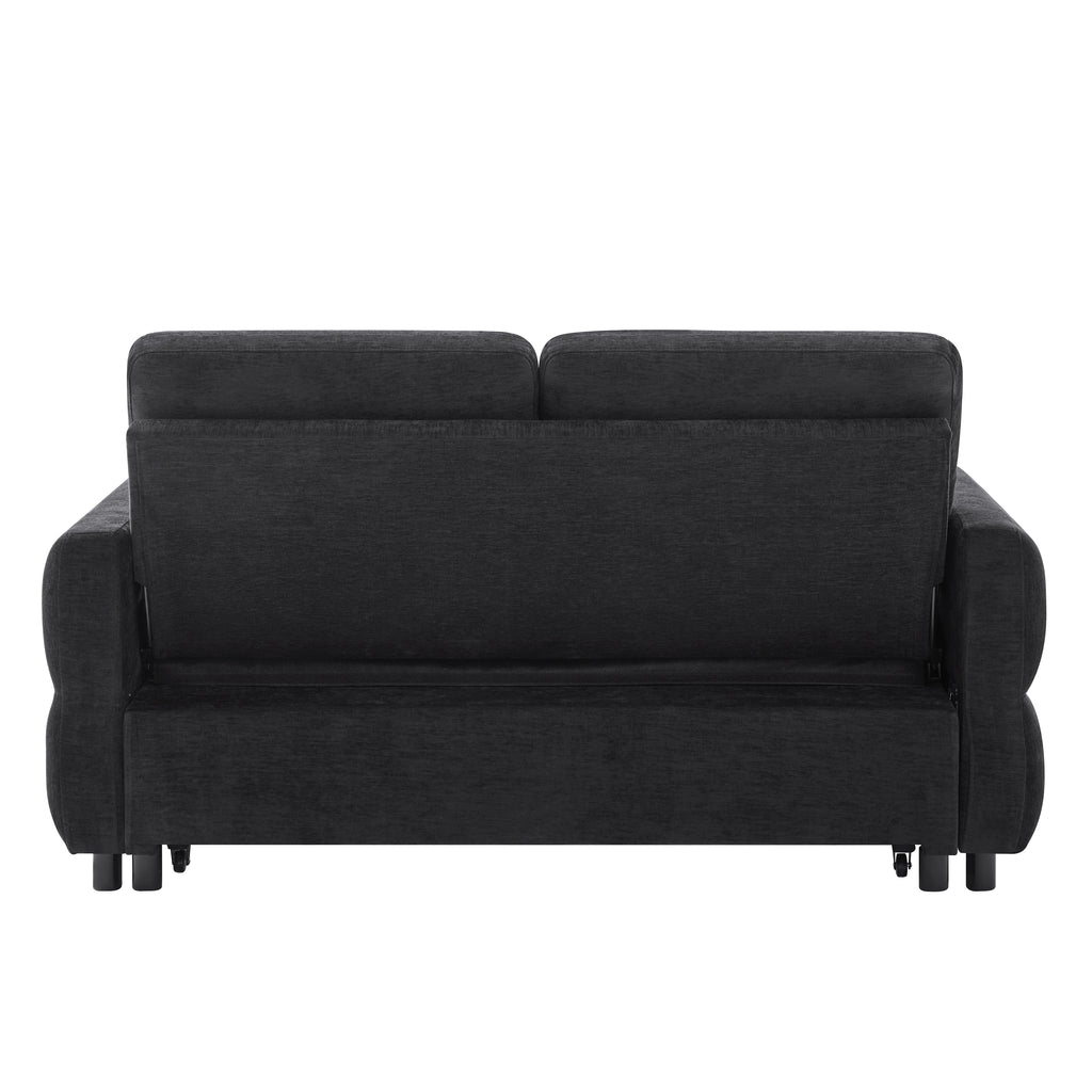 Black Convertible Sofa Bed Loveseat with Adjustable Backrest and USB Ports, 62.75' Chenille Upholstered Couch for Living Room or Small Space - Grand Goldman Shop