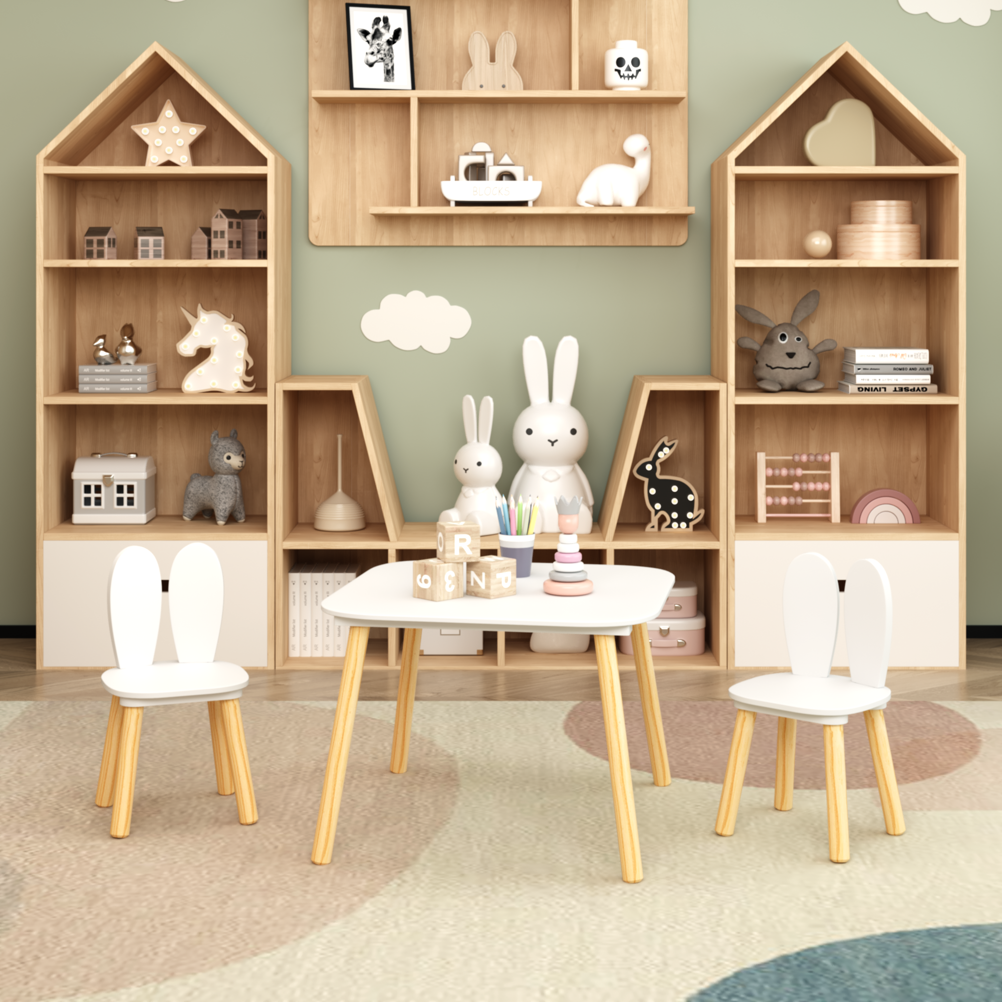 Rabbit Themed Kids Table and 2 Chairs Set, White Solid Wood & MDF Play Table with Rounded Edges, 3-Piece Toddler Furniture fo