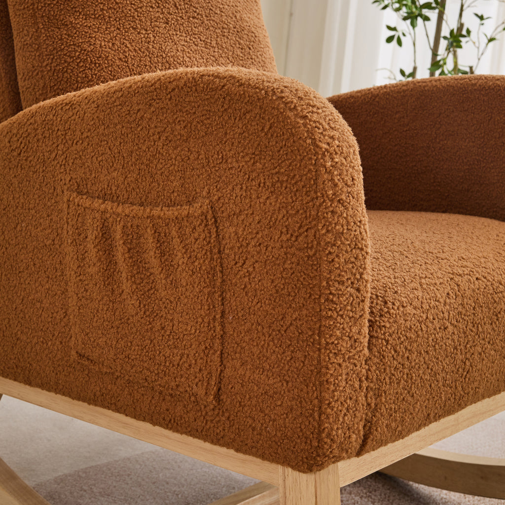 27.2'W Rocking Chair for Nursery, Sherpa Glider Chair with High Back and Side Pocket, Rocking Accent Armchair with Rubber Wood Legs for Living Room/Bedroom.Caramel - Grand Goldman Shop
