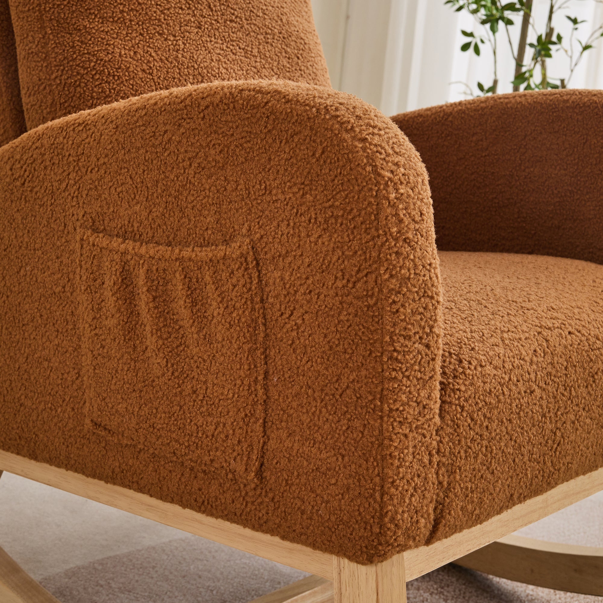 27.2'W Rocking Chair for Nursery, Sherpa Glider Chair with High Back and Side Pocket, Rocking Accent Armchair with Rubber Wood Legs for Living Room/Bedroom.Caramel - Grand Goldman Shop
