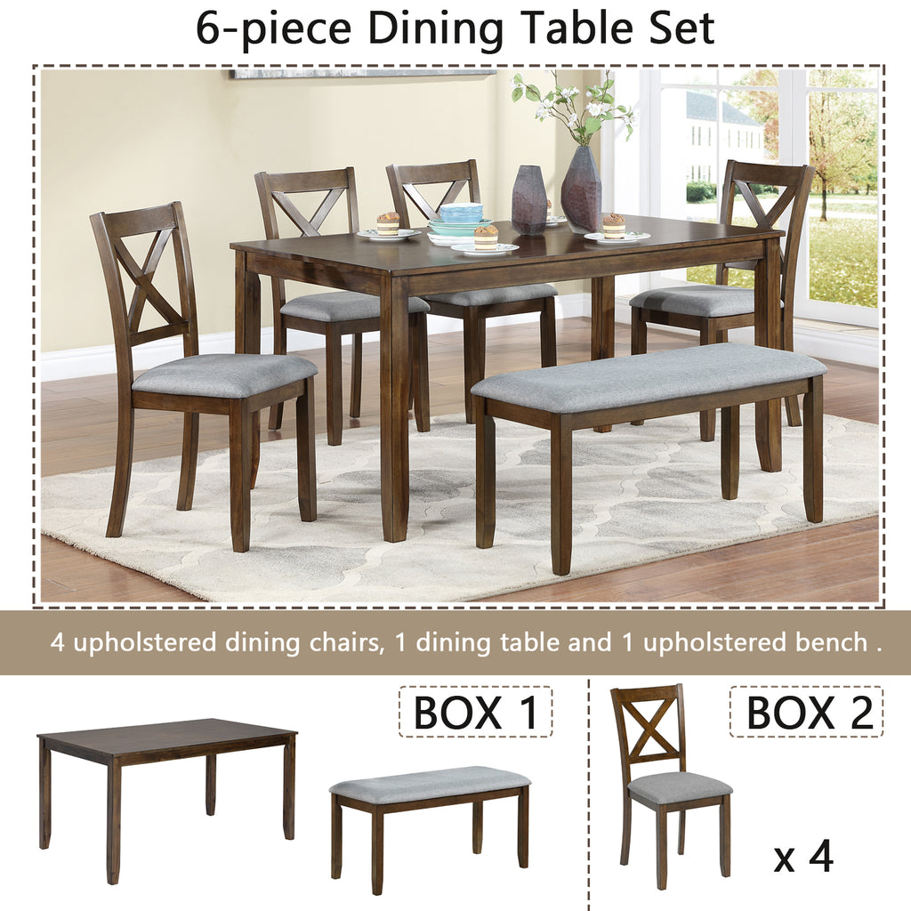 6PCs Kitchen Dining Set, Rectangular Wooden Dining Table with 4 Upholstered Chairs and a Bench, Dining Table Set for 6 People, Living Room, Home Bar and Kitchen, Walnut - Grand Goldman Shop