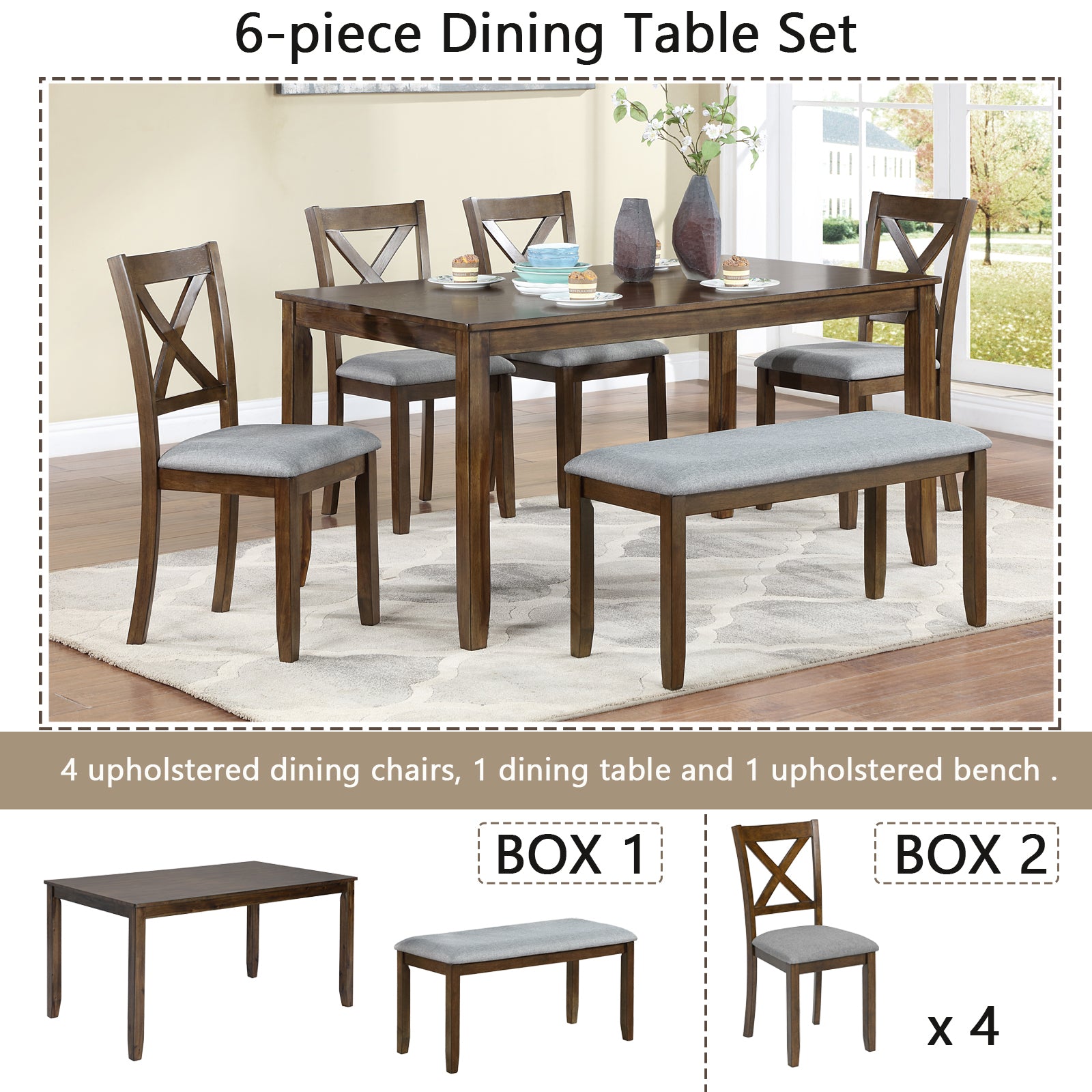 6PCs Kitchen Dining Set, Rectangular Wooden Dining Table with 4 Upholstered Chairs and a Bench, Dining Table Set for 6 People, Living Room, Home Bar and Kitchen, Walnut - Grand Goldman Shop
