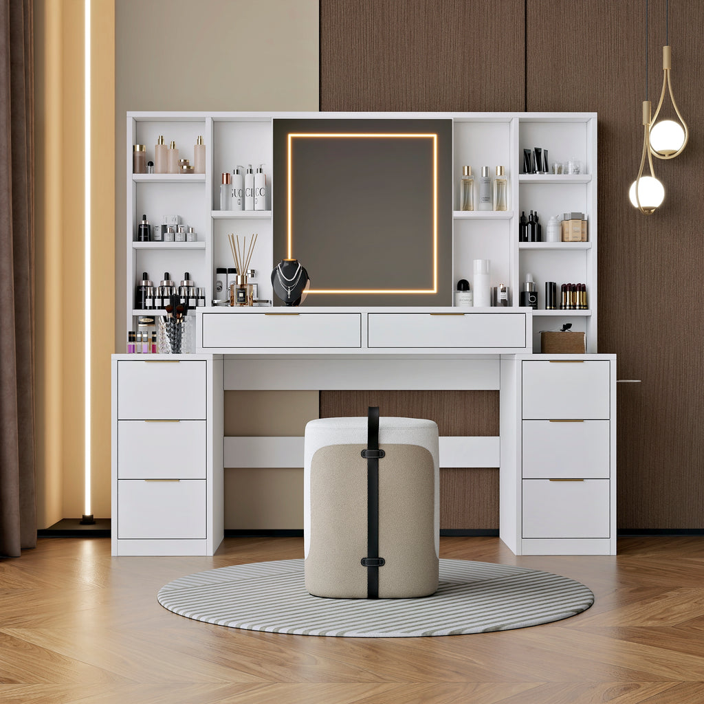 Makeup Vanity Desk with Mirror and Lights, 59' Large Vanity Table with 8Drawers & Open Storage Shelves, Brightness Adjustable, Dressing Table for Bedroom, Women and Girl - Grand Goldman Shop