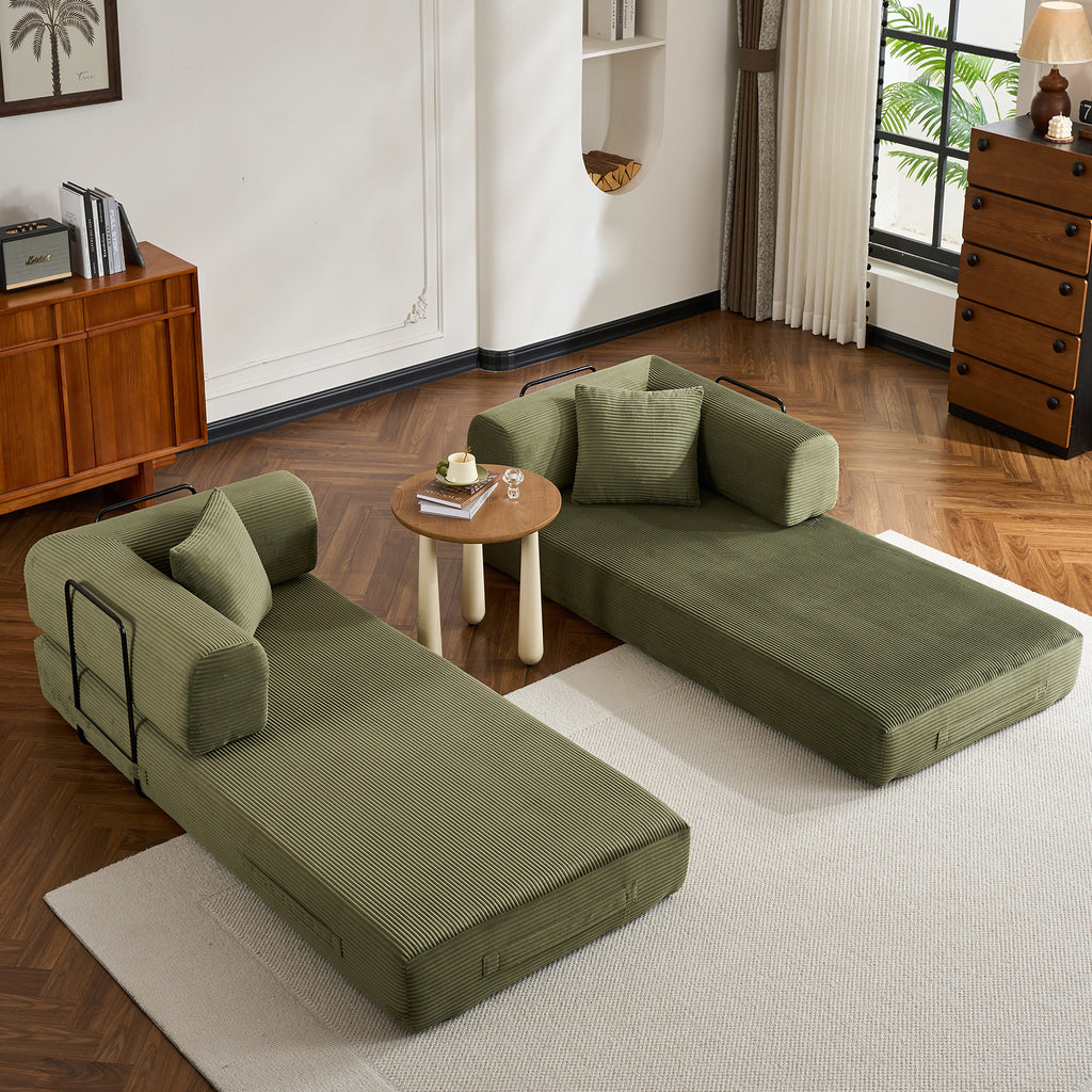Convertible Sleeper Sofa Bed with Cylindrical Pillow, Corduroy Folding Mattress Couch with Fixed-Shape Frame, Floor Sofa Lounge Couch for Living Room Bedroom (Green) - Grand Goldman Shop