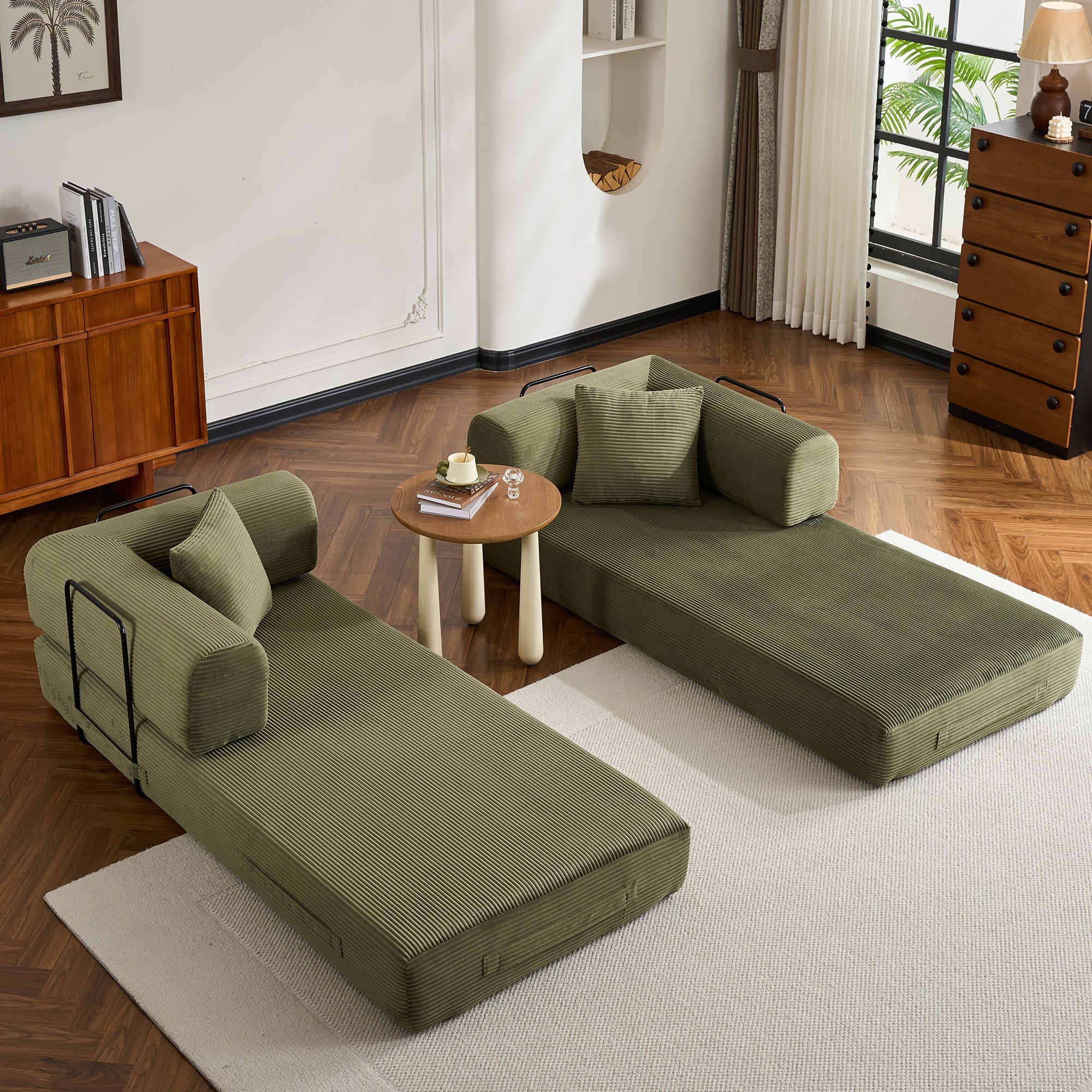 Convertible Sleeper Sofa Bed with Cylindrical Pillow, Corduroy Folding Mattress Couch with Fixed-Shape Frame, Floor Sofa Lounge Couch for Living Room Bedroom (Green) - Grand Goldman Shop