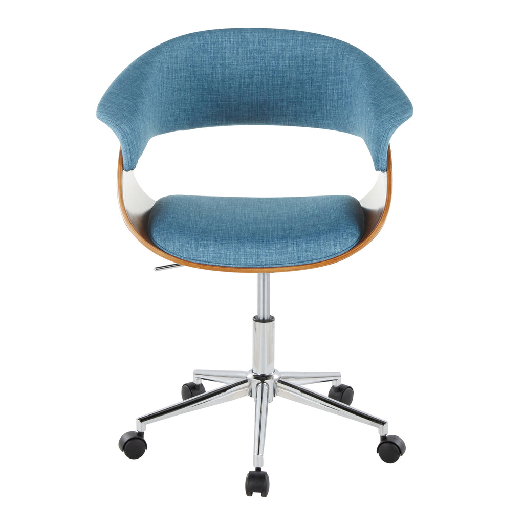 Mid-Century Modern Office Chair in Chrome Metal, Walnut Wood and Blue Fabric | Premium Home Decor - Grand Goldman