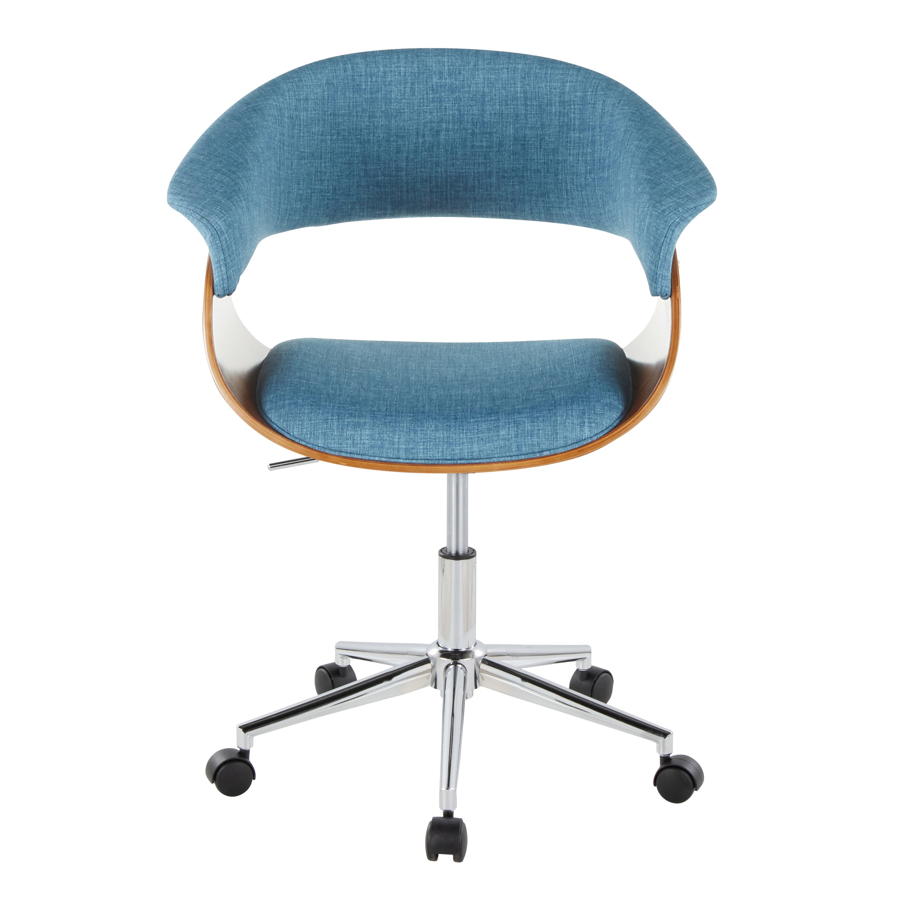Mid-Century Modern Office Chair in Chrome Metal, Walnut Wood and Blue Fabric | Premium Home Decor - Grand Goldman