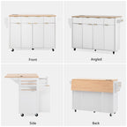 K&K Fluted Kitchen Island with Storage, 55.5' Kitchen Island with Drop Leaf, Power Outlet, 4 Doors and 3 Drawers, Rolling Island Table with Wood-grain Top, Curved Edge for Kitchen,Dining Room White - Grand Goldman Shop