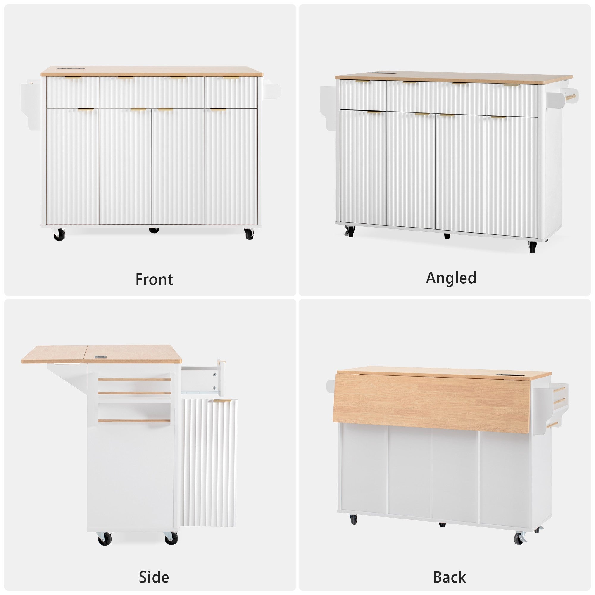 K&K Fluted Kitchen Island with Storage, 55.5' Kitchen Island with Drop Leaf, Power Outlet, 4 Doors and 3 Drawers, Rolling Island Table with Wood-grain Top, Curved Edge for Kitchen,Dining Room White - Grand Goldman Shop