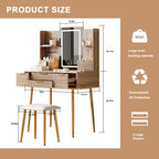 4-Drawer Vanity Desk with LED Mirror & Carved Details, Fluted Makeup Table with Metal Legs and PU Stool, Carved Dressing Table with Jewelry Storage for Bedroom - Grand Goldman Shop